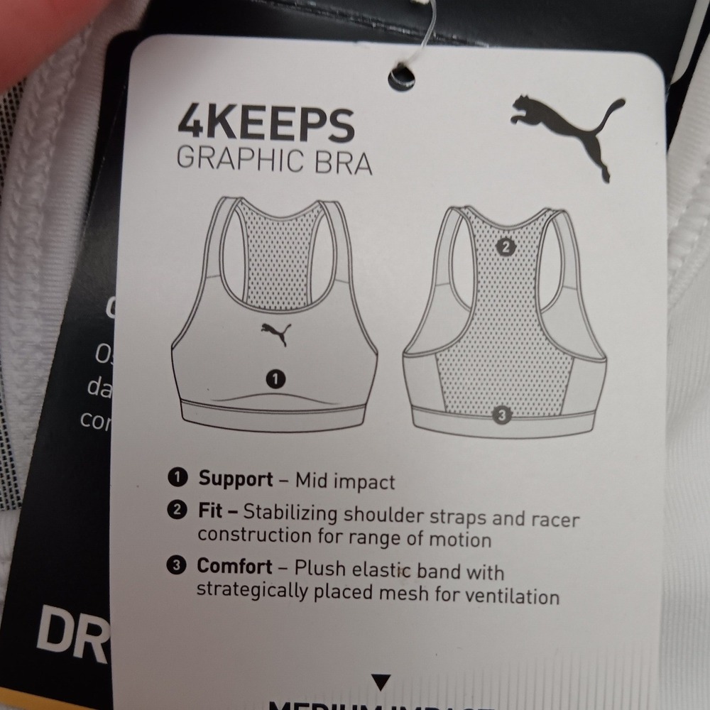 Puma Mid Impact 4Keeps Sports Bra White Black XS 521435 52 NWT X Small Workout - Picture 11 of 16